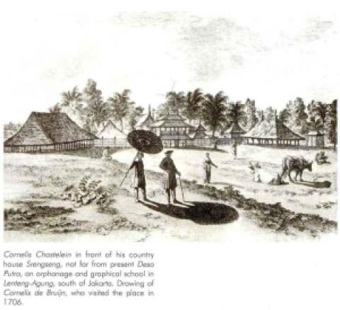 Cornelis Chastelein di depan rumah desanya Srengseng, tak jauh dari Desa Putra, Sebuah rumah yatim piatu dan sekolah grafis di Lenteng-Agung, selatan Jakarta. Gambar dari Cornelis de Bruijn, yang mendatangi tempat ini pada 1706.